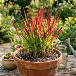 Imperata Red Baron w nowoczesnej donicy na tarasie