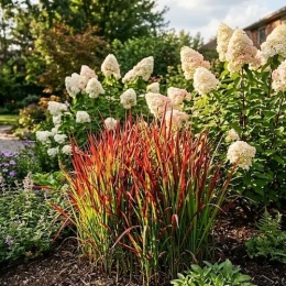 Pionowe kępy Imperaty Red Baron na rabacie bylinowej