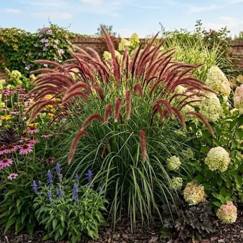 Rozplenica japońska Red Head w kompozycji z hortensją bukietową